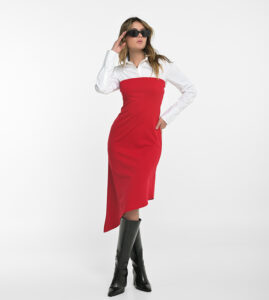 Vestido strapless de punta rojo