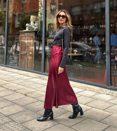 Falda larga seda satin vino - Imagen 2