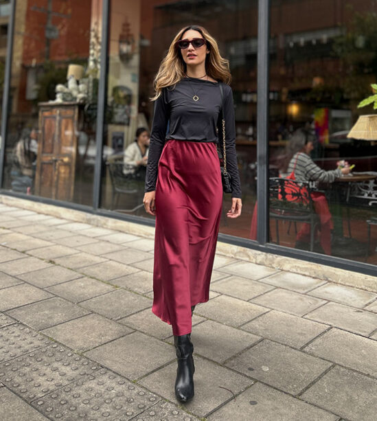 Falda larga seda satin vino