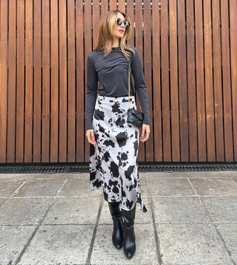 Falda midi seda cow print
