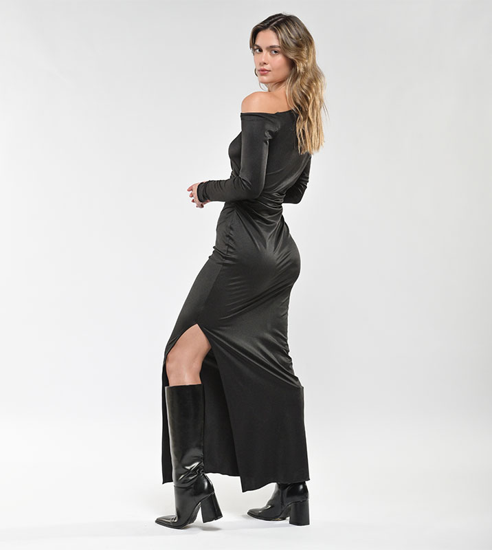 Vestido Largo Hombro Caído Negro - Imagen 6