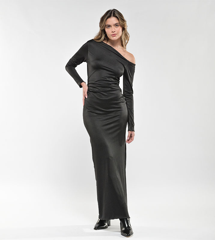Vestido Largo Hombro Caído Negro - Imagen 5