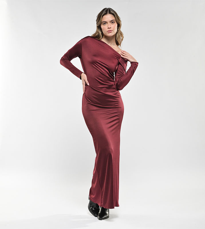 Vestido Largo Hombro Caído Vinotinto - Imagen 5