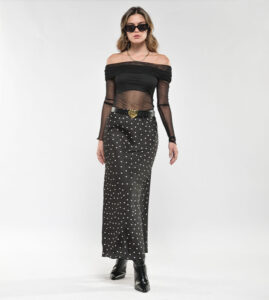 Falda Larga Seda Satín Negra Puntos