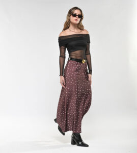 Falda Larga Seda Satín Café Puntos