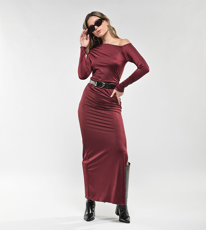 Vestido Largo Hombro Caído Vinotinto - Imagen 4