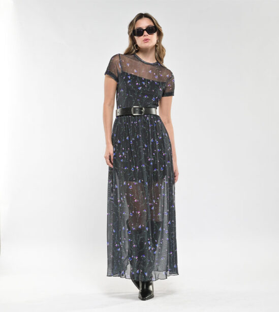 Vestido largo malla Manga corta Flores