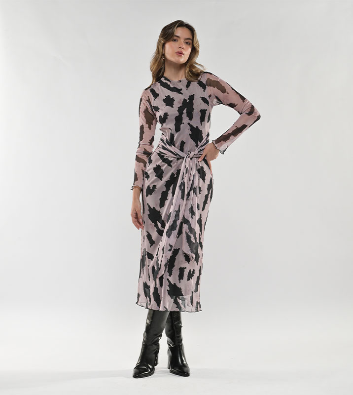 Vestido Midi Malla con Amarre Manchas