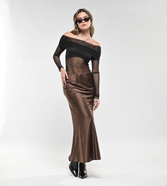 Falda Larga Seda Satín Café