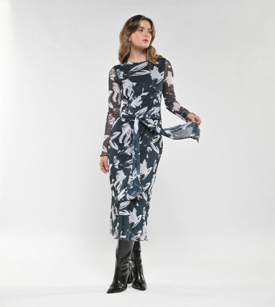 Vestido Midi Malla con Amarre Manchas