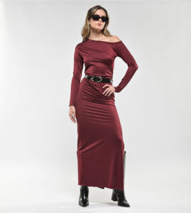 Vestido Largo Hombro Caído Vinotinto