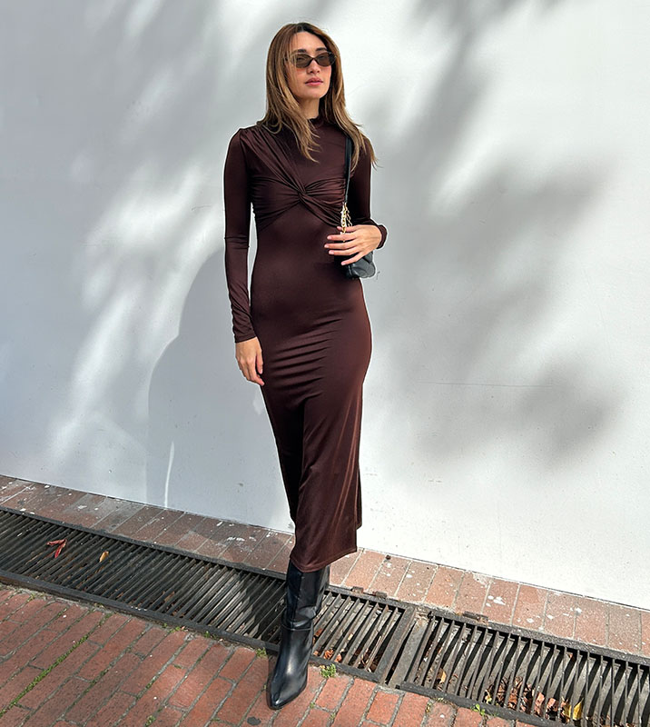 Vestido Midi Café Oscuro Drapeado