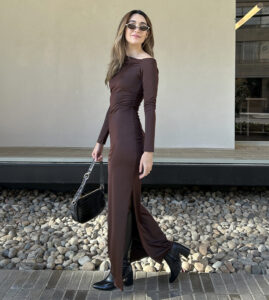 Vestido Largo Hombro Caído Café Oscuro
