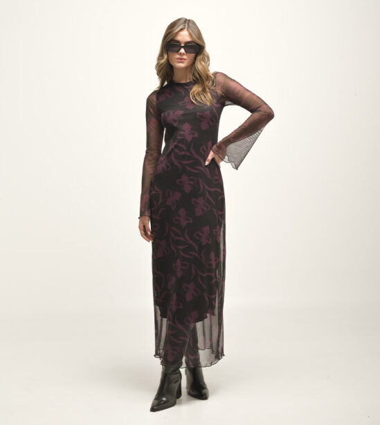 Vestido Largo Malla Manga Campana Flores