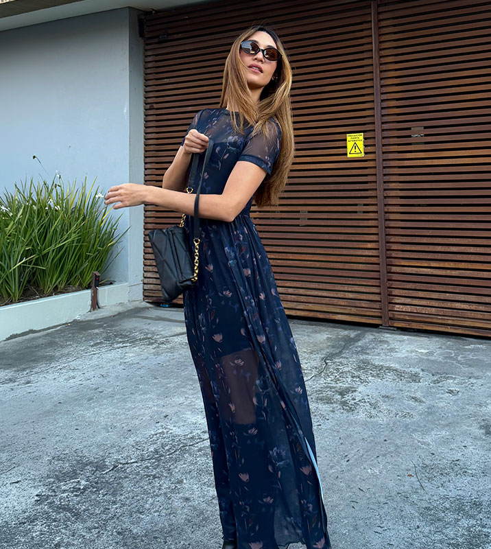 Vestido Largo Malla Manga Corta Azul Flores - Imagen 4
