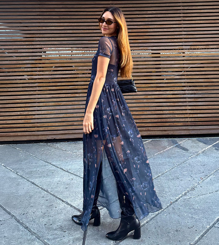 Vestido Largo Malla Manga Corta Azul Flores - Imagen 2