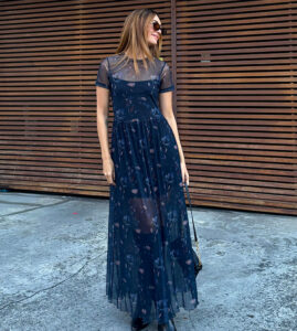 Vestido Largo Malla Manga Corta Azul Flores