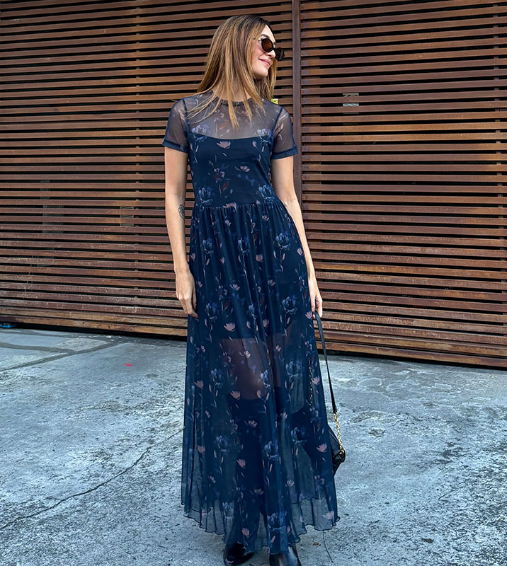 Vestido Largo Malla Manga Corta Azul Flores