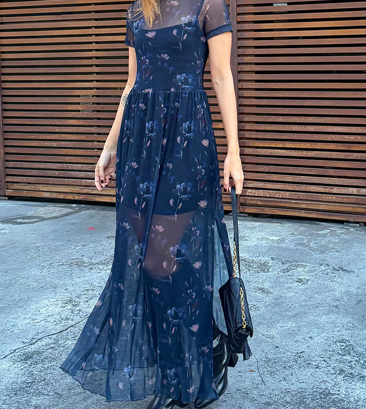 Vestido Largo Malla Manga Corta Azul Flores - Imagen 3